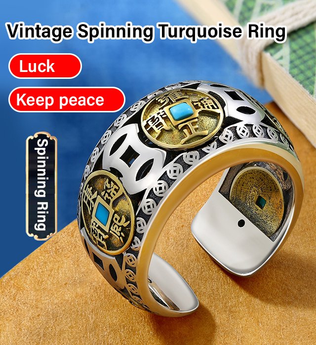 Rotatable turquoise Five Emperors coin ring