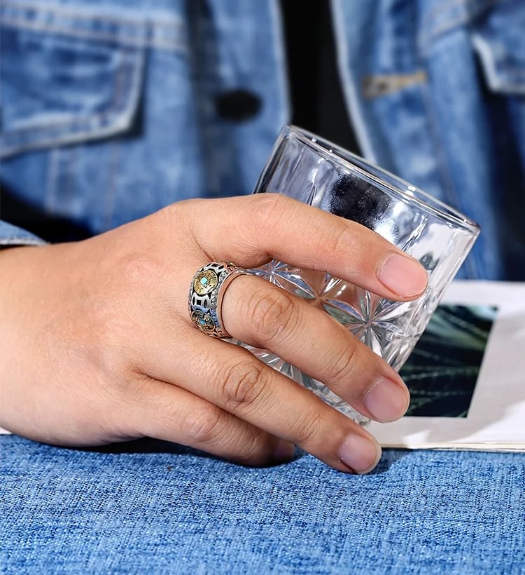 Rotatable turquoise Five Emperors coin ring