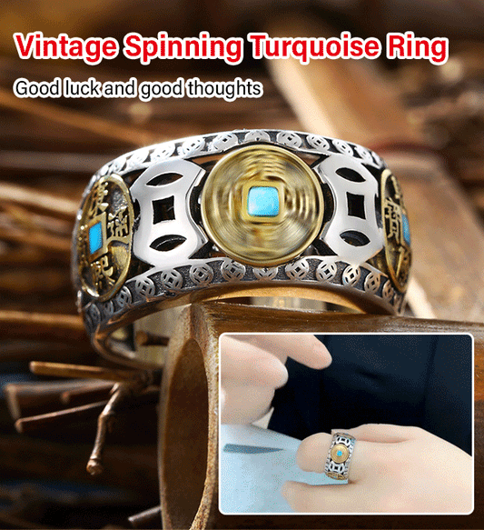 Rotatable turquoise Five Emperors coin ring