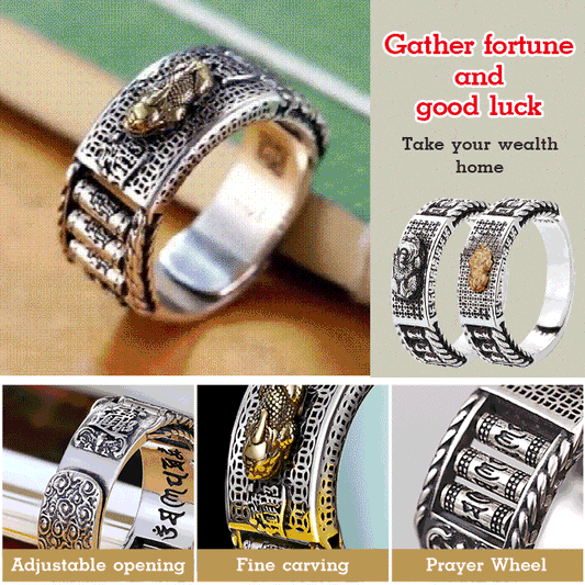 【Bring good luck for you!】 Vintage Pixiu Six-syllabled Sanskrit Mantra Prayer Wheel Ring.
